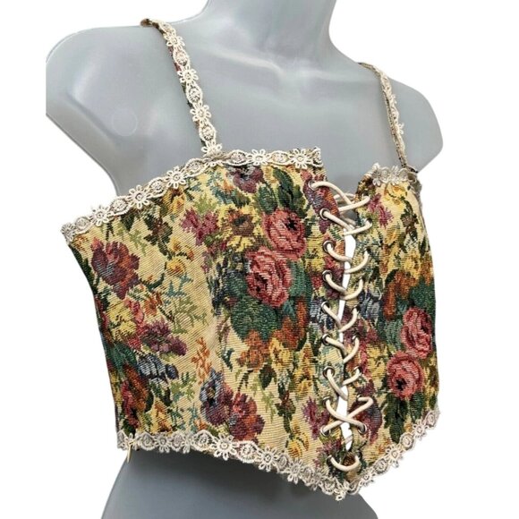 Cider Corset Crop Top Womens M Floral Cottagecore Tapestry Lace Up Festival - Picture 2 of 9